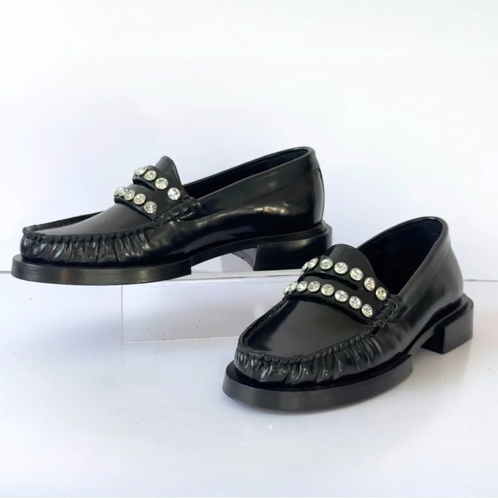 SANDRO Crystal-Embellished Patent-Leather Women’s Black Slip On Loafers Size 5